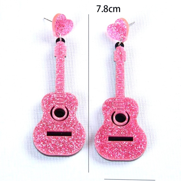 Pink Glitter Musical Instrument Guitar 🎸 Drop Earrings For Women - Picture 4 of 4